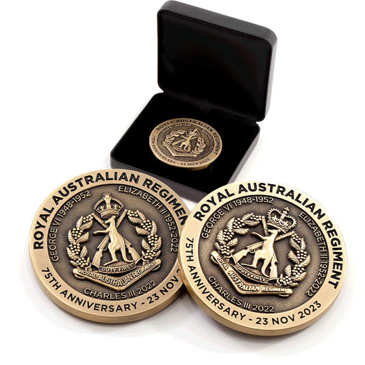 Celebrate 75 years of the Royal Australian Regiment with this exquisite and timeless commemorative medallion. Presented in a leather look gift box, this medallion exudes a sense of prestige and heritage. www.moralepatches.com.au