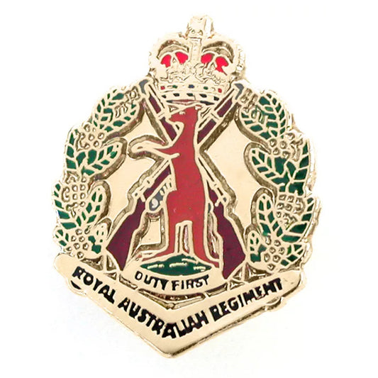 The Royal Australian Regiment (RAR) 20mm full-colour enamel lapel pin. Displayed on a presentation card. This beautiful gold-plated lapel pin will look great on both your jacket and your cap. www.moralepatches.com.au where the army shops