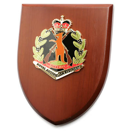 The Exceptional Royal Australian Regiment (RAR) Plaque is a truly remarkable piece that demands attention. This exquisite plaque showcases a stunning 100mm full colour enamel crest, elegantly set on a 200x160mm timber finish shield.  www.moralepatches.com.au