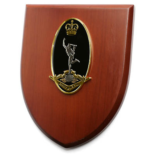 Grab this exceptional Royal Australian Corps of Signals (RASigs) Plaque. This stunning plaque showcases a 100mm full colour enamel crest, elegantly placed on a 200x160mm timber finish shield.  www.moralepatches.com.au