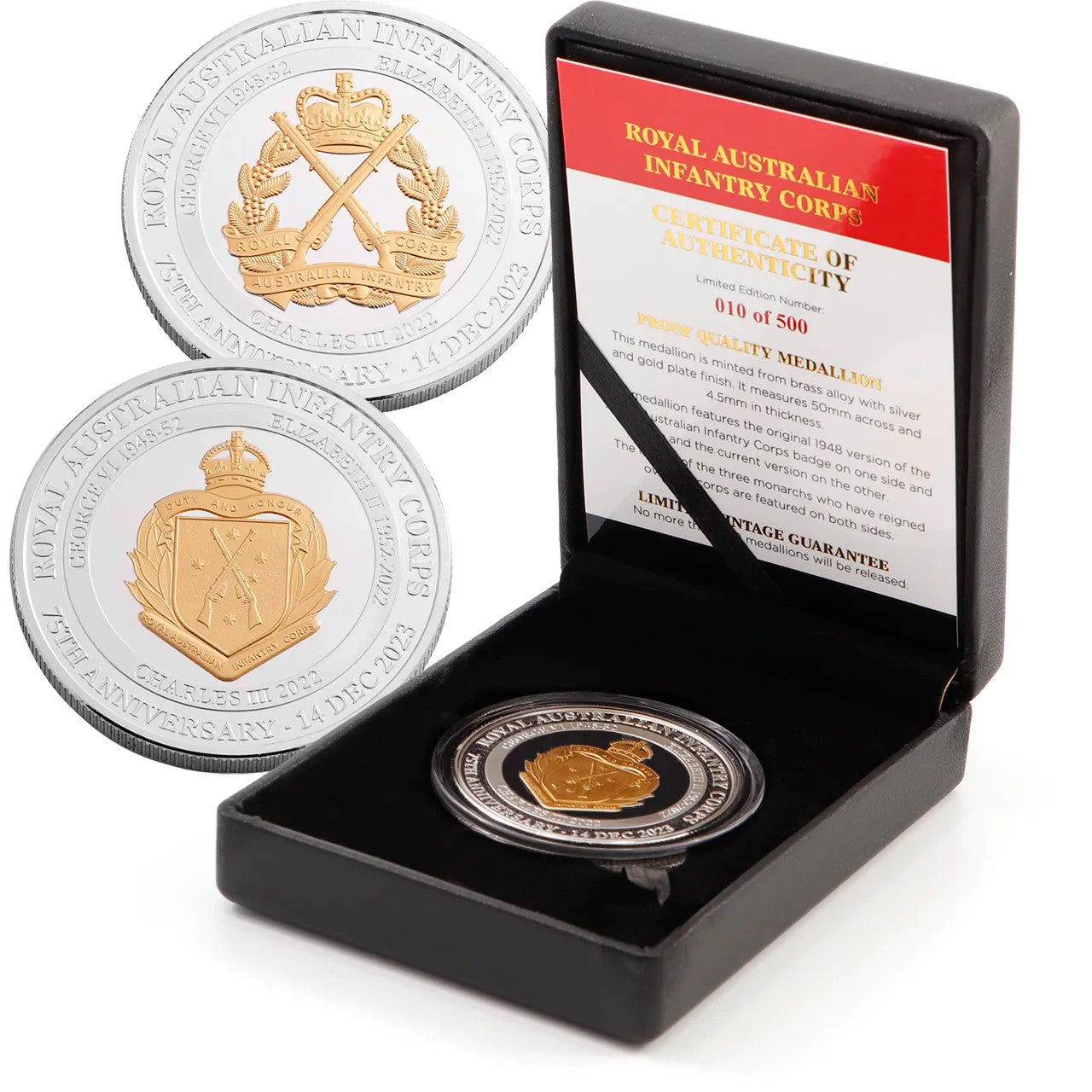 Embrace the Legacy: The 75th Anniversary Royal Australian Infantry Limited Edition Medallion in Leatherette Gift Case www.moralepatches.com.au medallion with case