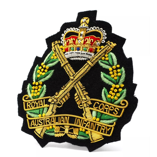 Celebrate your prestigious Royal Australian Infantry Corps (RA Inf) heritage with this stunning Bullion Pocket Badge! Perfect for any suit, backpack, or wherever you want to make a statement, this 80x80mm accoutrement fastens securely with 3 butterfly closures. www.moralepatches.com.au