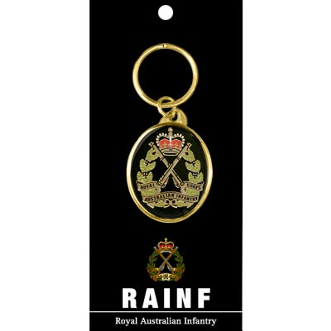 Show your RA Inf pride with this shining 40mm gold-plated enamel key ring. Guaranteed to keep your keys orderly and spark conversations - a high-style way to honor your regiment! www.moralepatches.com.au