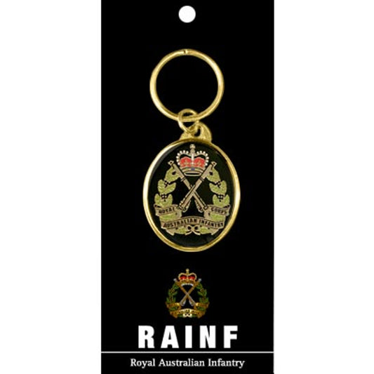 Show your RA Inf pride with this shining 40mm gold-plated enamel key ring. Guaranteed to keep your keys orderly and spark conversations - a high-style way to honor your regiment! www.moralepatches.com.au