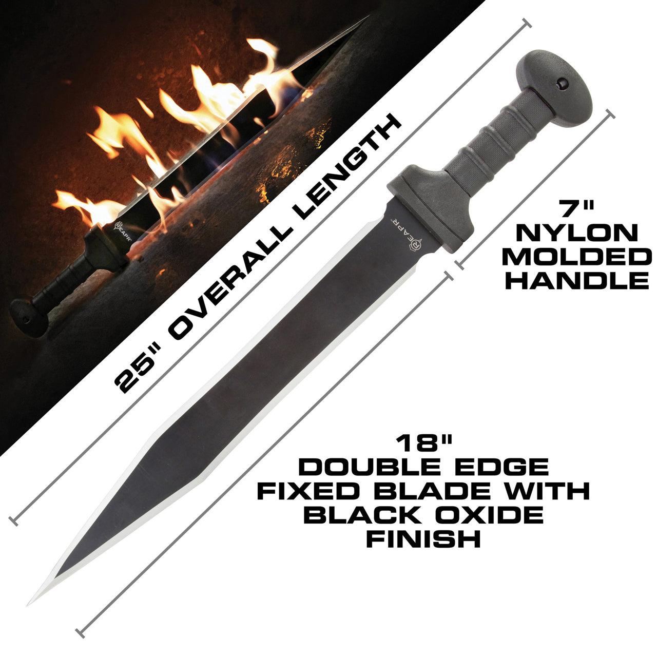 Made of 420 stainless steel with black oxide coated finish, the 18” double edge blade recalls the look of a classic sword but with a hi-tech design that is contemporary and cutting edge. www.moralepatches.com.au