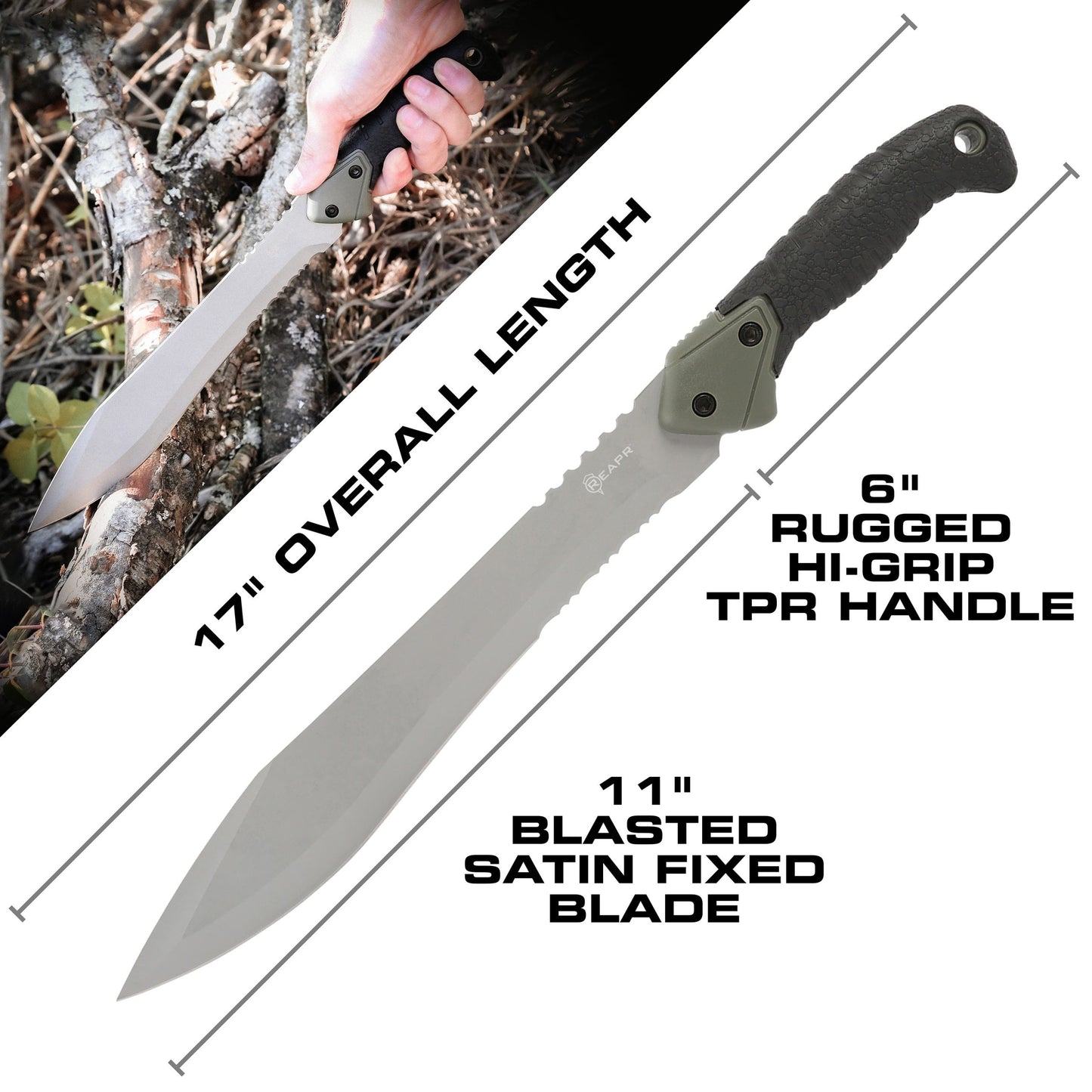 The Reapr TAC Jungle Knife is a cool 17 inches of sharp steel that doubles as an all-round camping machete and survival knife in one. With an ultra-sharp modified drop point blade designed for versatility, and a partially serrated blade, most any challenge that comes your way can be handled with ease. www.moralepatches.com.au