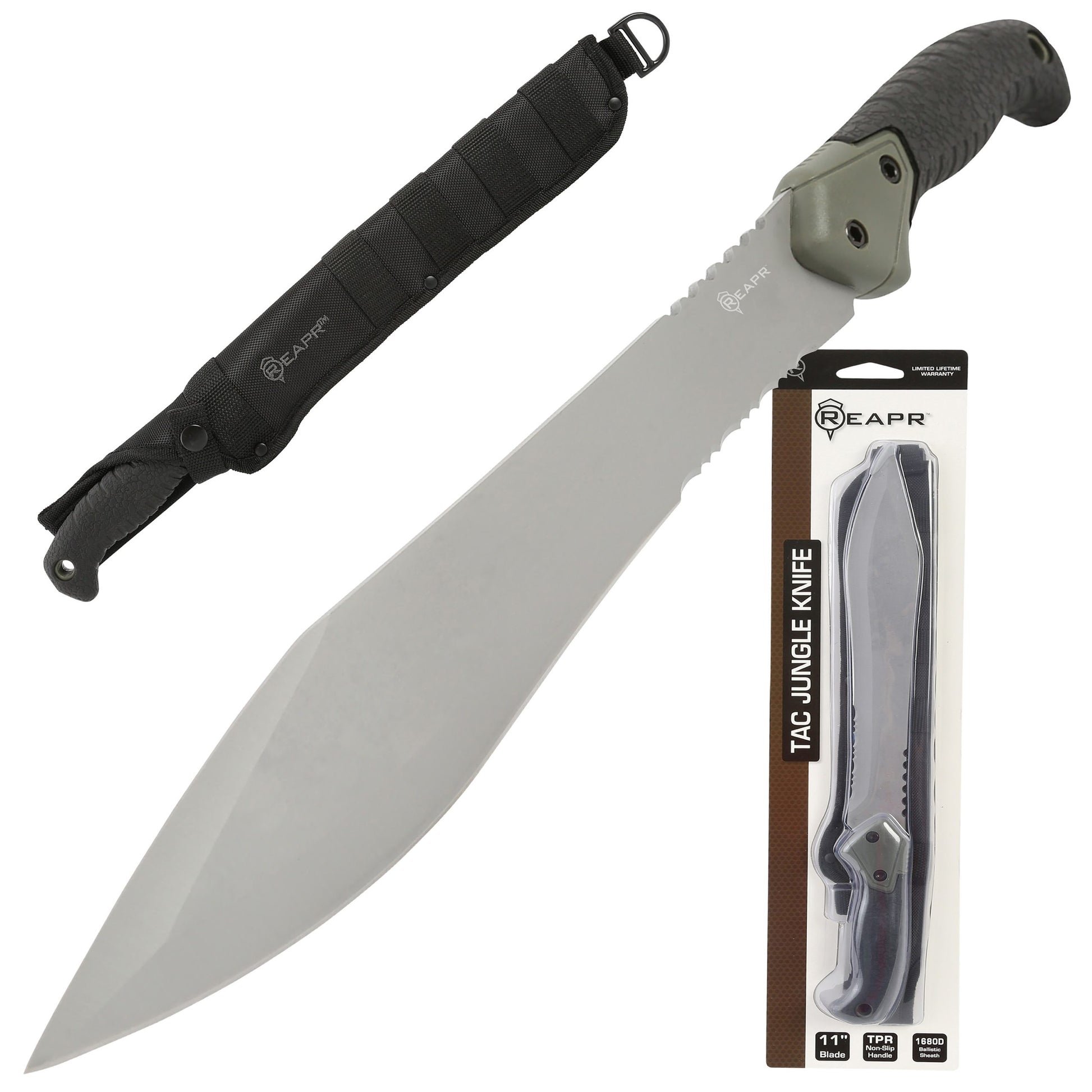 The Reapr TAC Jungle Knife is a cool 17 inches of sharp steel that doubles as an all-round camping machete and survival knife in one. With an ultra-sharp modified drop point blade designed for versatility, and a partially serrated blade, most any challenge that comes your way can be handled with ease. www.moralepatches.com.au