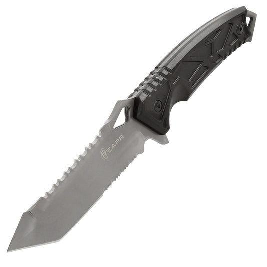 This serrated full tang knife is the ideal camping and hunting companion. The REAPR 11011 Javelin Fixed Blade Knife features a spiked window glass breaker and a sawed-back dual edge serrated camping knife for cutting twigs and twine and branches. www.moralepatches.com.au