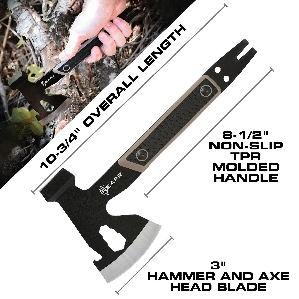 Similar to standard camping axes and hatchets in size, the Versa stands out from the pack to give you not only a 3″ axe head, but a 3-wrench set (10 mm, 13 mm, 16mm), cast hammer, pry bar, nail puller and a bottle opener. www.moralepatches.com.au
