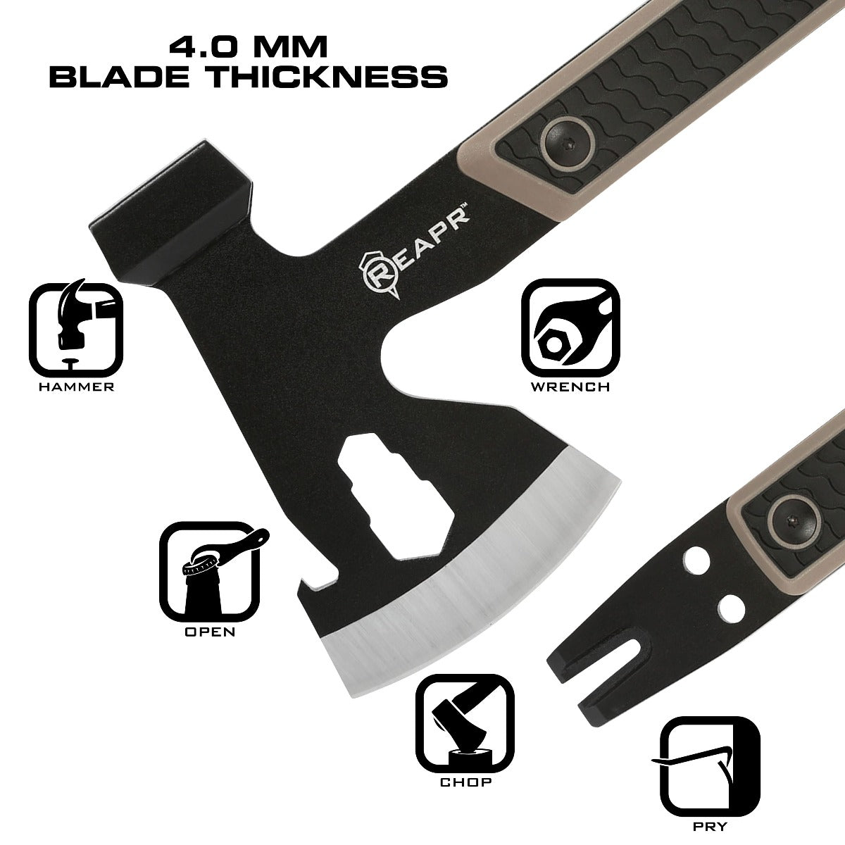 Similar to standard camping axes and hatchets in size, the Versa stands out from the pack to give you not only a 3″ axe head, but a 3-wrench set (10 mm, 13 mm, 16mm), cast hammer, pry bar, nail puller and a bottle opener. www.moralepatches.com.au