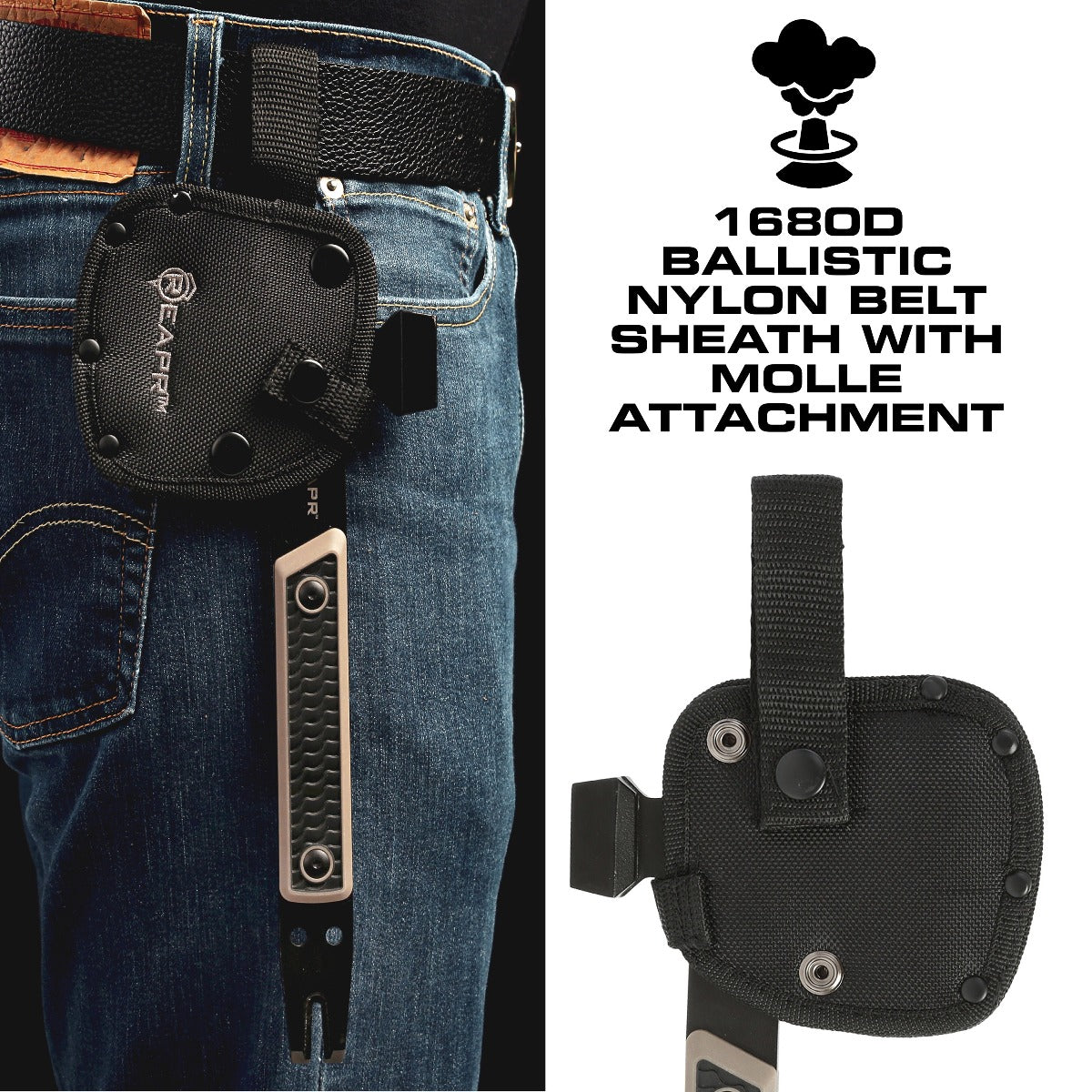 Similar to standard camping axes and hatchets in size, the Versa stands out from the pack to give you not only a 3″ axe head, but a 3-wrench set (10 mm, 13 mm, 16mm), cast hammer, pry bar, nail puller and a bottle opener. www.moralepatches.com.au