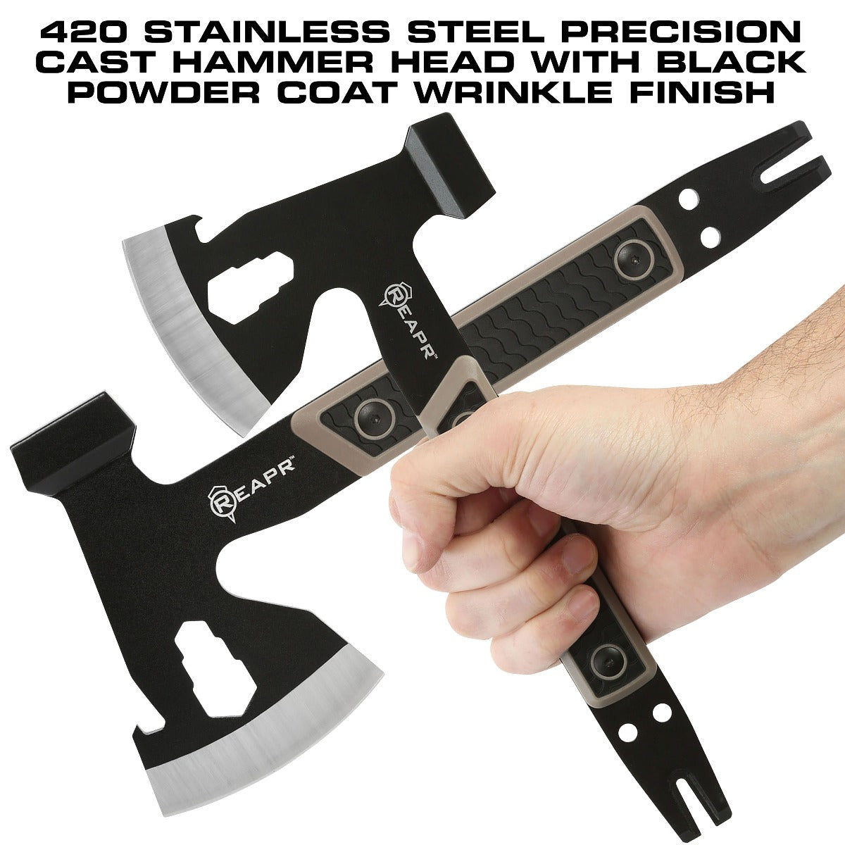 Similar to standard camping axes and hatchets in size, the Versa stands out from the pack to give you not only a 3″ axe head, but a 3-wrench set (10 mm, 13 mm, 16mm), cast hammer, pry bar, nail puller and a bottle opener. www.moralepatches.com.au