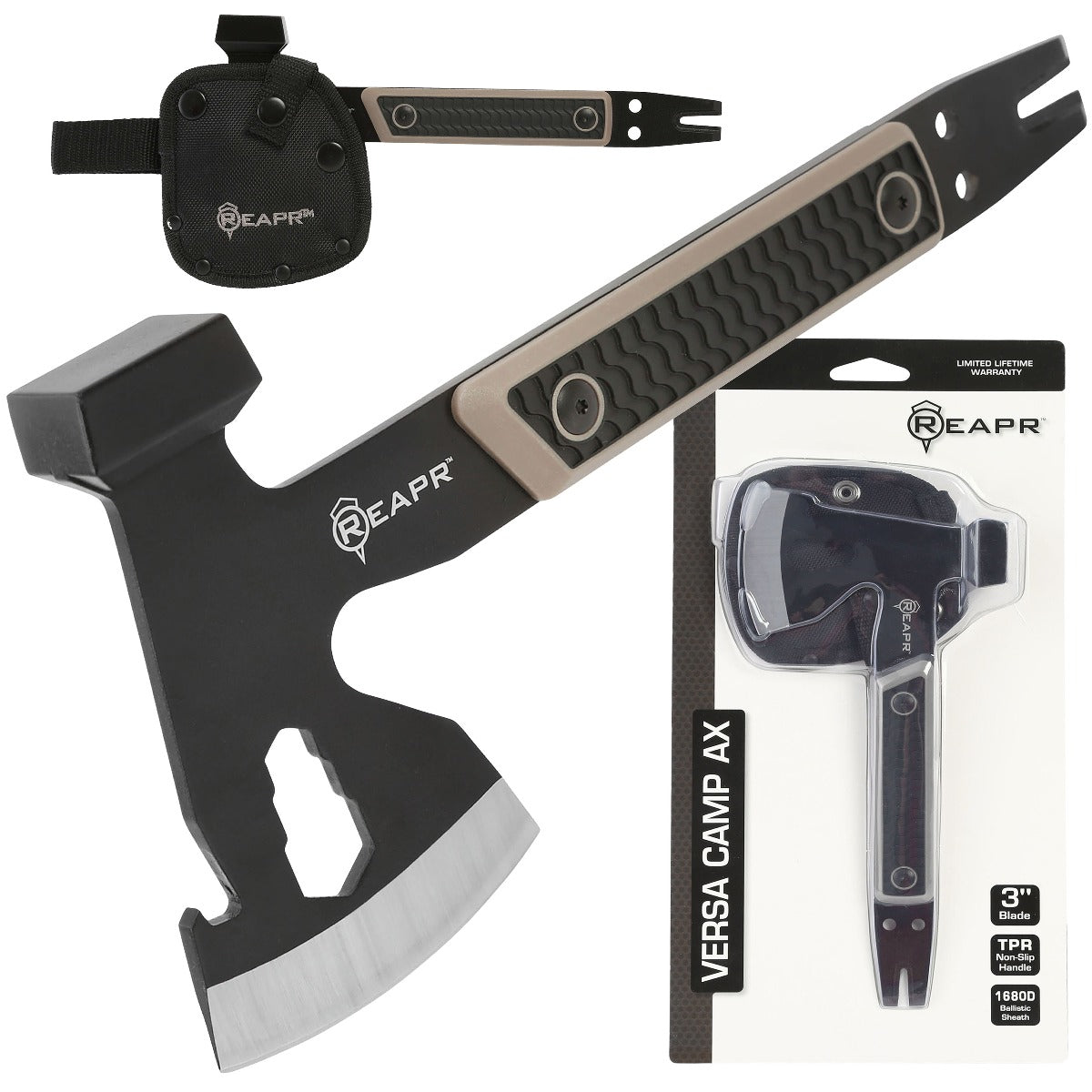 Similar to standard camping axes and hatchets in size, the Versa stands out from the pack to give you not only a 3″ axe head, but a 3-wrench set (10 mm, 13 mm, 16mm), cast hammer, pry bar, nail puller and a bottle opener. www.moralepatches.com.au