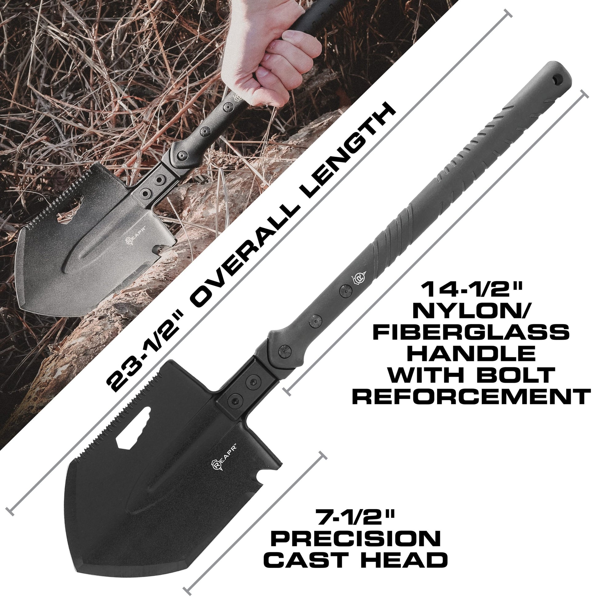 The REAPR 11021 TAC Survival Shovel is the ultimate survival tool shovel. This compact, space saving tool, features a 7 1/2″ stainless steel precision cast head (with a powder coat wrinkle finish) combining a saw edge, ripper, chopping edge and wrenches. www.moralepatches.com.au