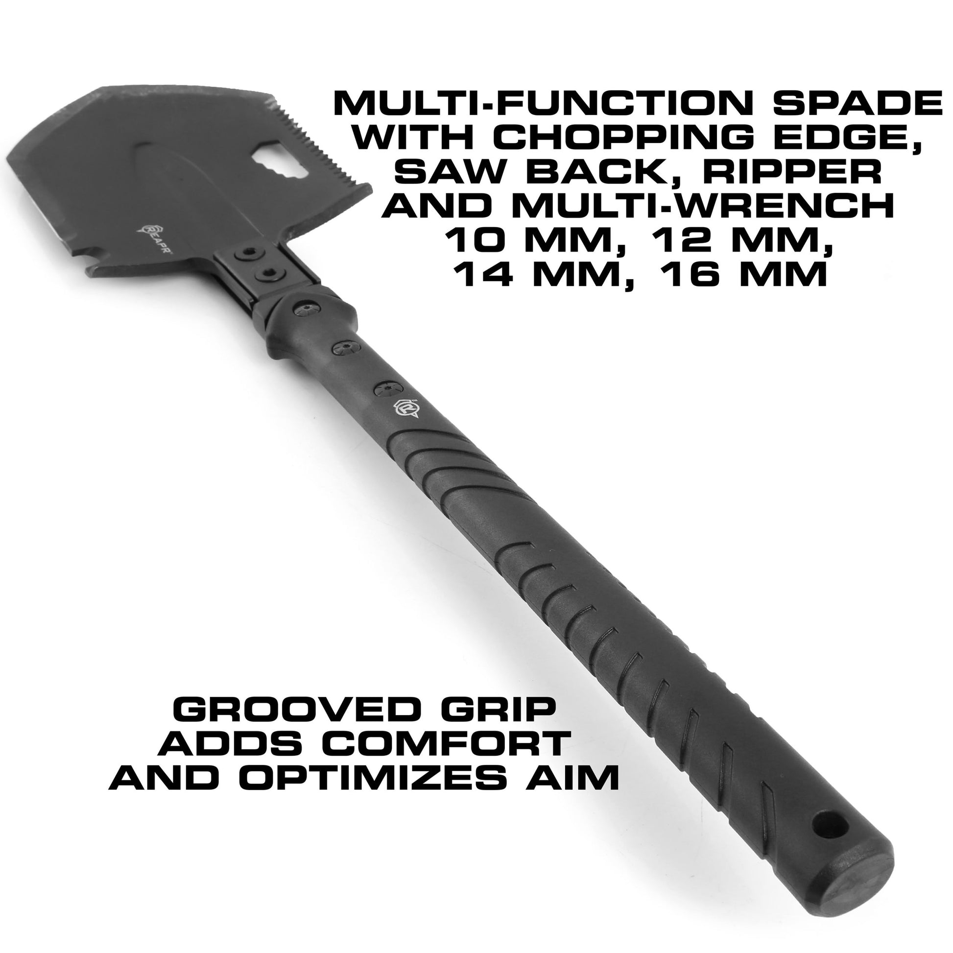The REAPR 11021 TAC Survival Shovel is the ultimate survival tool shovel. This compact, space saving tool, features a 7 1/2″ stainless steel precision cast head (with a powder coat wrinkle finish) combining a saw edge, ripper, chopping edge and wrenches. www.moralepatches.com.au