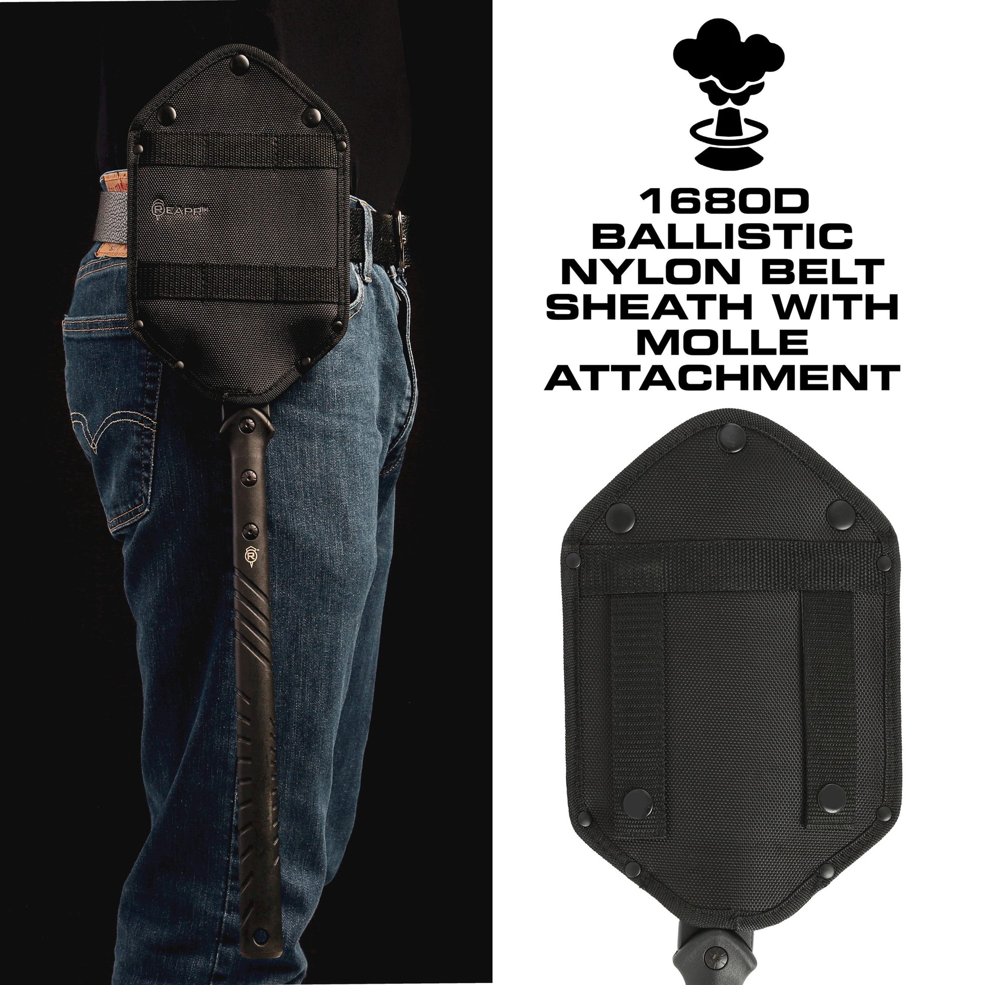 The REAPR 11021 TAC Survival Shovel is the ultimate survival tool shovel. This compact, space saving tool, features a 7 1/2″ stainless steel precision cast head (with a powder coat wrinkle finish) combining a saw edge, ripper, chopping edge and wrenches. www.moralepatches.com.au