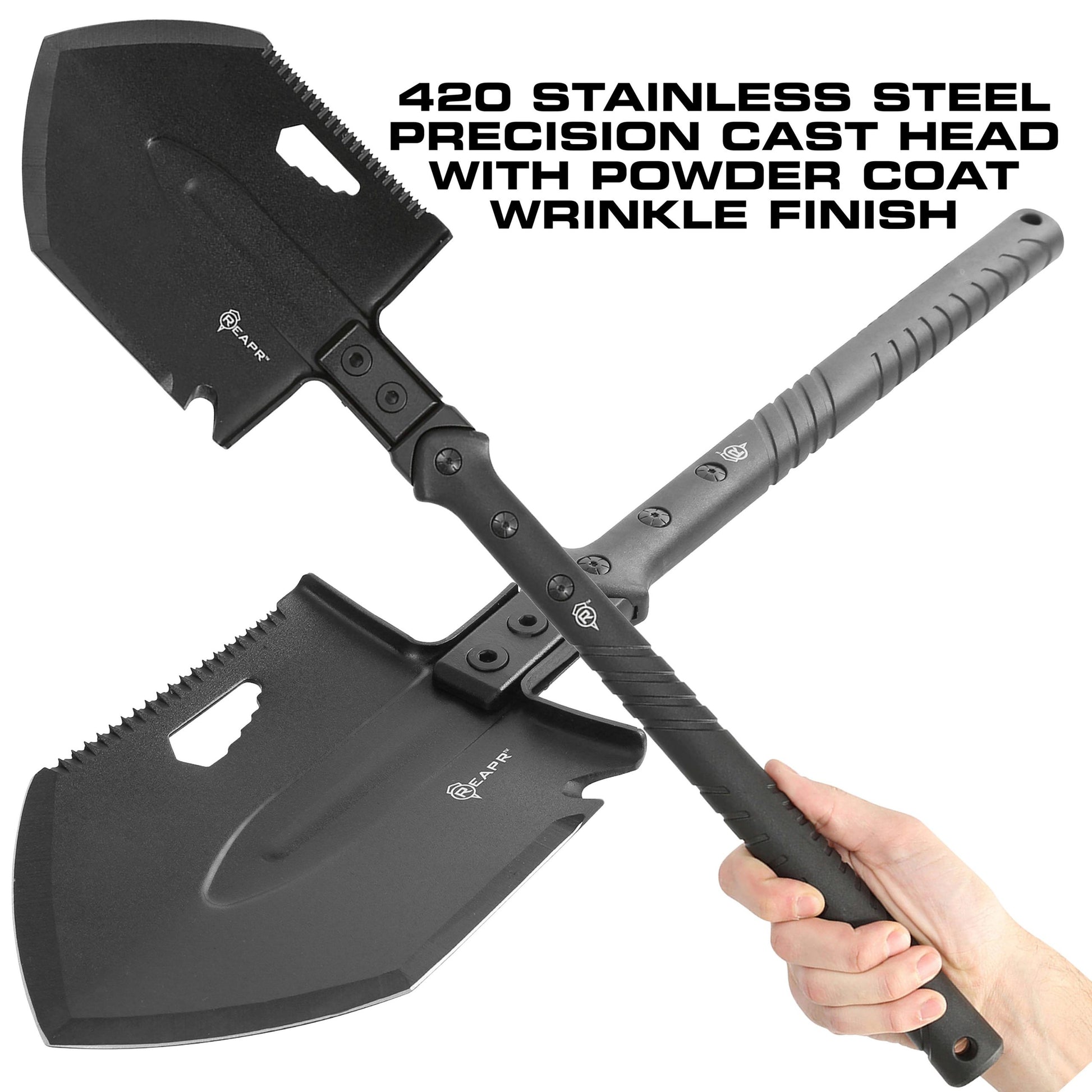 The REAPR 11021 TAC Survival Shovel is the ultimate survival tool shovel. This compact, space saving tool, features a 7 1/2″ stainless steel precision cast head (with a powder coat wrinkle finish) combining a saw edge, ripper, chopping edge and wrenches. www.moralepatches.com.au