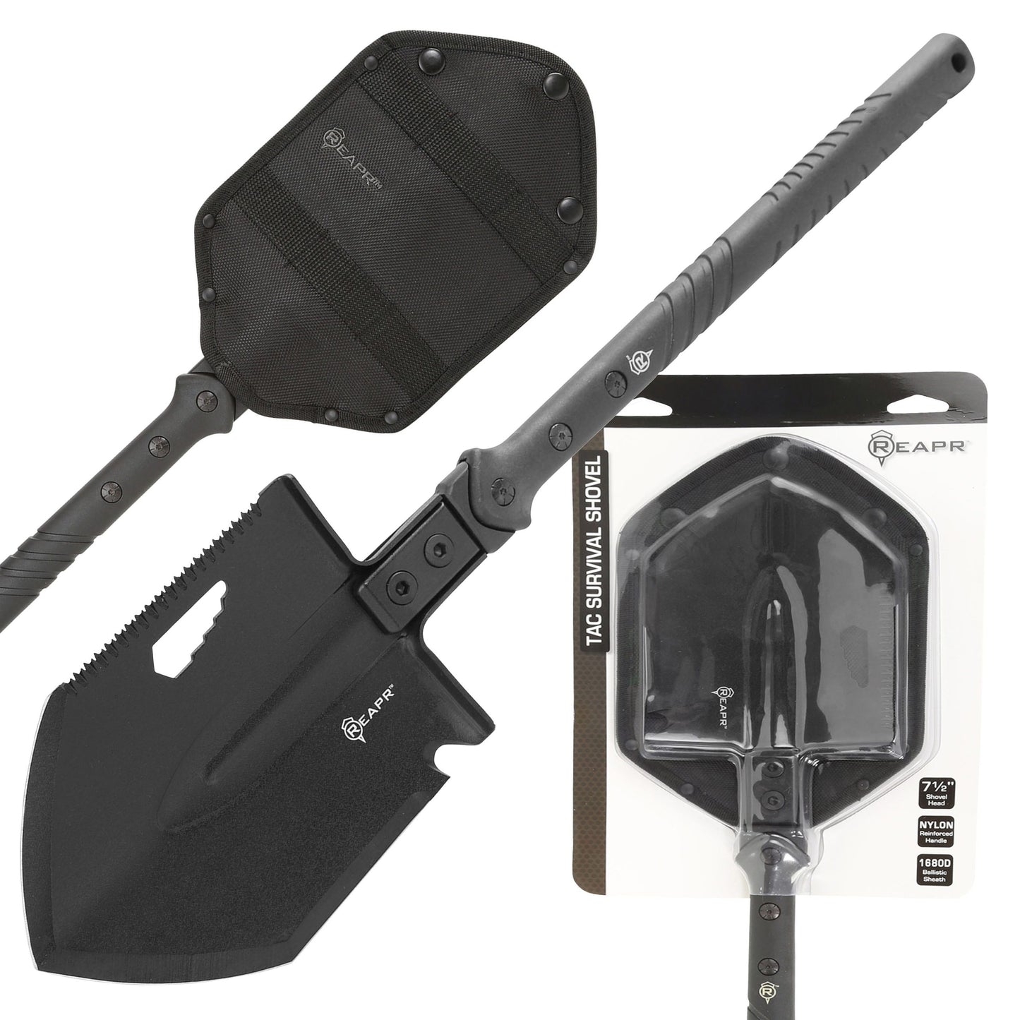 The REAPR 11021 TAC Survival Shovel is the ultimate survival tool shovel. This compact, space saving tool, features a 7 1/2″ stainless steel precision cast head (with a powder coat wrinkle finish) combining a saw edge, ripper, chopping edge and wrenches. www.moralepatches.com.au