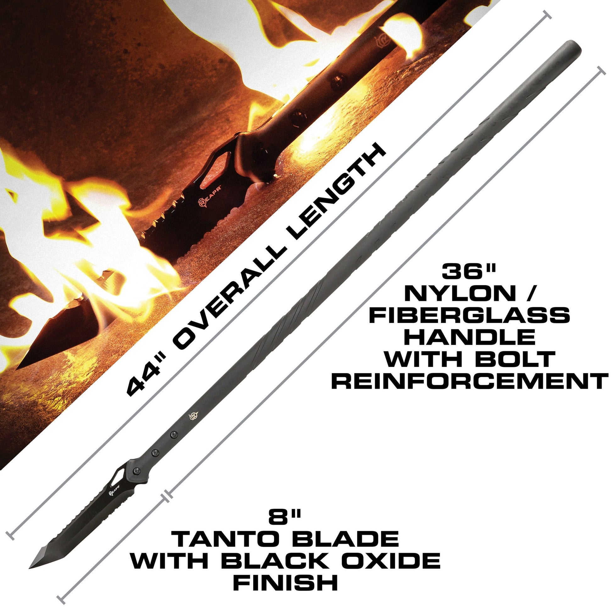 The outstanding REAPR 11022 TAC Javelin Serrated Spear cuts, chops, saws, and thrusts efficiently and effectively, giving you a javelin spear that functions equally as well as a utility tool. www.moralepatches.com.au