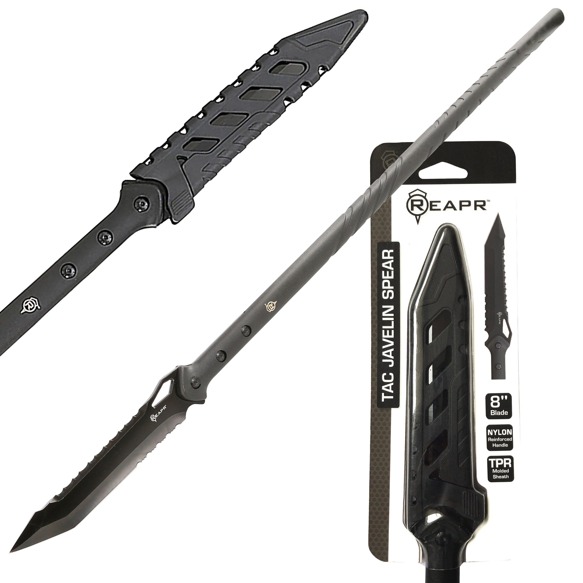 The outstanding REAPR 11022 TAC Javelin Serrated Spear cuts, chops, saws, and thrusts efficiently and effectively, giving you a javelin spear that functions equally as well as a utility tool. www.moralepatches.com.au