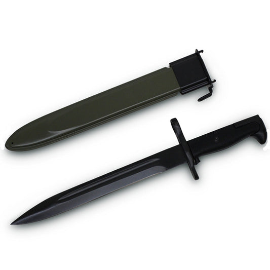 This EXQUISITE REPLICA BAYONET has a 25.5cm steel blade featuring a stylish plastic grip. It has been selectively shortened from its original size to achieve a more stylish look. Its accompanying scabbard is made of high-grade spring steel plates, providing an ultra-secure fit for the blade. Steel blade, plastic grip, and spring steel plates: chic style with ultimate security. www.moralepatches.com.au