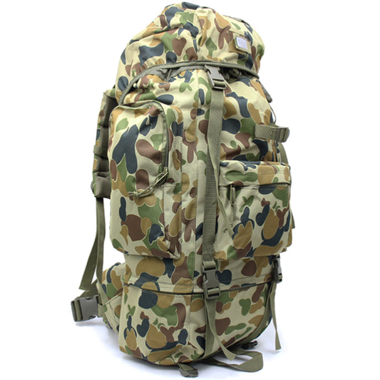 Large backpack with many pockets and lots of support, entails a built-in raincoat for the bag, waist support band with pockets and padding, completely adjustable bag with extra padding to protect back. Many pockets zip shut with buckle clips to secure everything. This bag will fit anything needed for your bushwalks, hunting, camping etc. military inspired multi-purpose backpack.  www.moralepatches.com.au