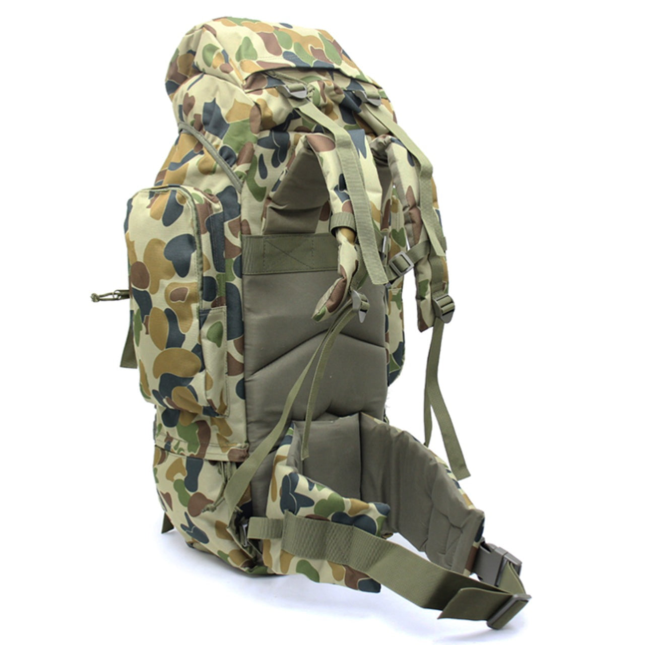 Large backpack with many pockets and lots of support, entails a built-in raincoat for the bag, waist support band with pockets and padding, completely adjustable bag with extra padding to protect back. Many pockets zip shut with buckle clips to secure everything. This bag will fit anything needed for your bushwalks, hunting, camping etc. military inspired multi-purpose backpack.  www.moralepatches.com.au