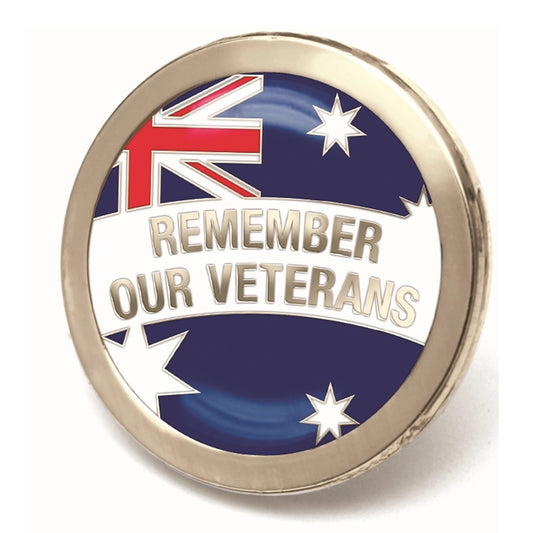Show all veterans, young and old, that you respect their service for our country by wearing this superb enamel over metal supporter pin. The pin measures 20mm and is secured with a durable butterfly pin, and is displayed on a beautiful presentation card. www.moralepatches.com.au