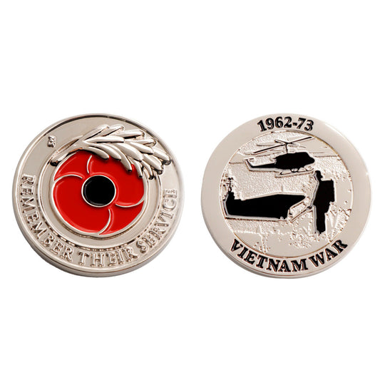 The Add this unique silver penny to your collection and honour the service of all those who served in the Vietnam War, 1962 - 1973. Featuring images from Vietnam and a vibrant red poppy and silver rosemary sprig, this beautifully patterned penny is a must-have for any collector. www.moralepatches.com.au