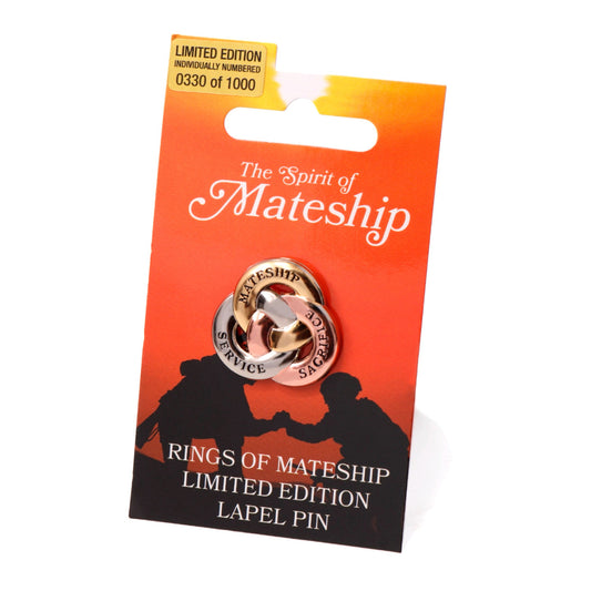 Crafted with meticulous attention to detail, this lapel pin features three interlocked rings made of zinc alloy, each with a unique message. One ring in copper is engraved with "Sacrifice", another in silver with "Service", and the third in gold with "Mateship". Together, they symbolize the unwavering values that Australian soldiers hold dear. www.moralepatches.com.au