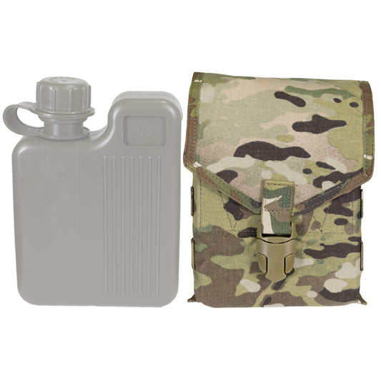 Made to fit U.S made 1L rectangle water bottles. Nylon construction and available in genuine licensed Multicam out of the USA. Heavy duty YKK buckle closure with MOLLE attachment (requiring 3 columns and 2 rows). Perfect for mounting to backpacks or wider belt rigs. www.moralepatches.com.au
