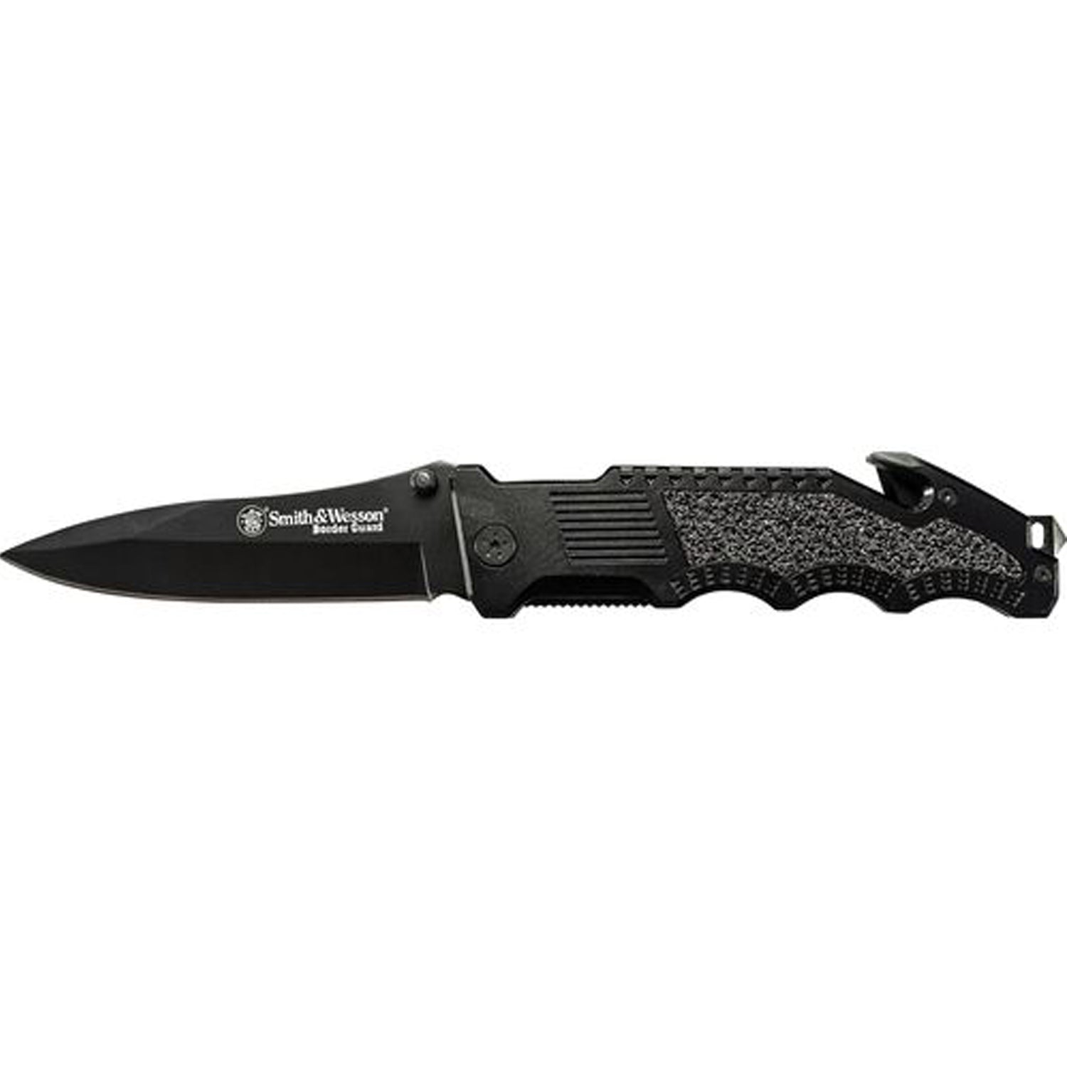 The Smith &amp; Wesson SWBG1S Border Guard Drop Point Folding Knife is built for tough situations. This knife combines a 4.4-inch partially serrated drop point blade made from high-carbon stainless steel with a rugged aluminum handle that offers enhanced grip and durability. www.moralepatches.com.au