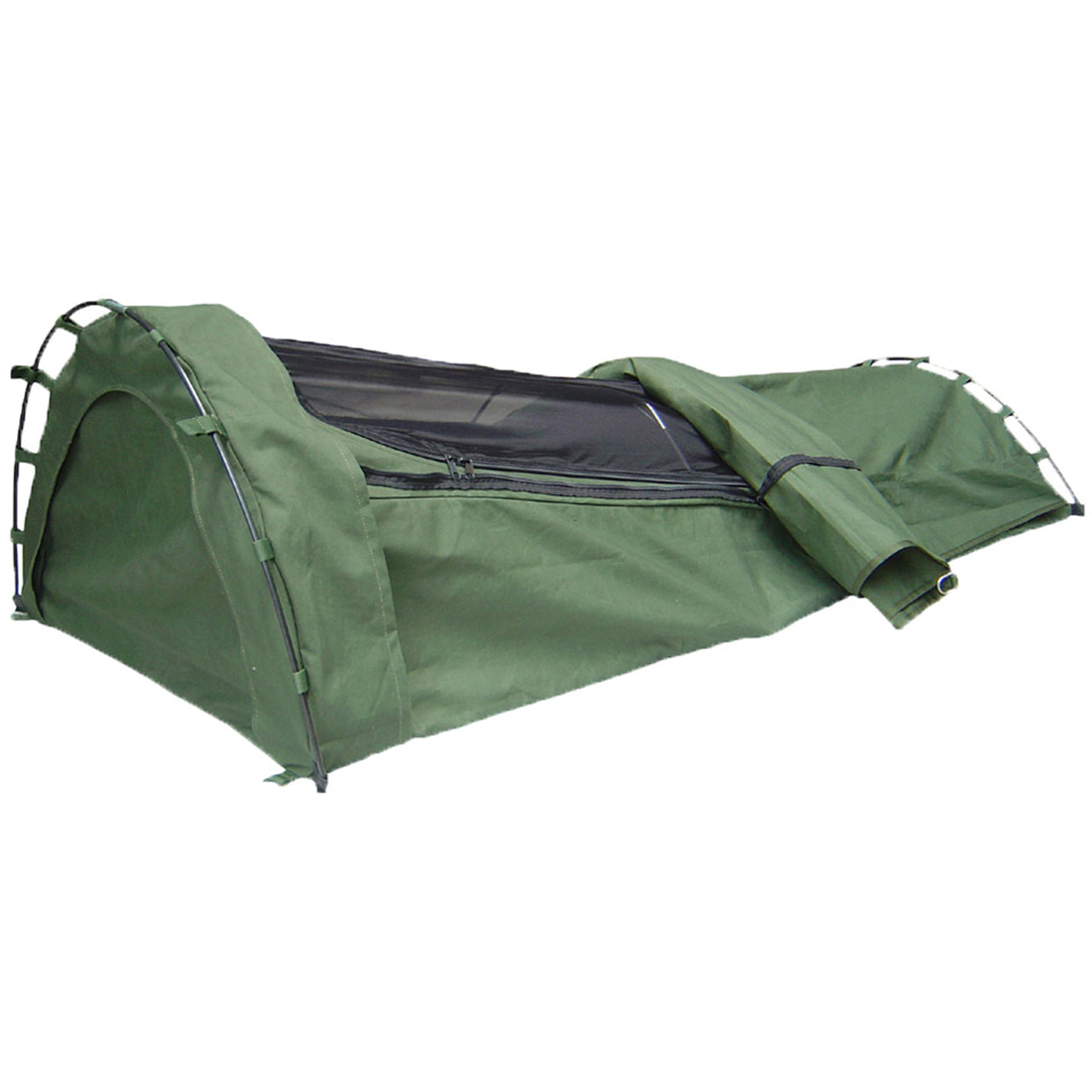 Enjoy a restful sleep, even with the insects buzzing nearby! This vertical end twin hoop Savannah Swag with 50mm mattress, crafted from 100% waterproof 12 oz cotton canvas, opens to 210 cm by 85 cm and features a zip open fly mesh cover to keep mozzies at bay. A second entrance is accessible from the zip open end. Comes with pegs and cords in a lively olive hue. www.moralepatches.com.au