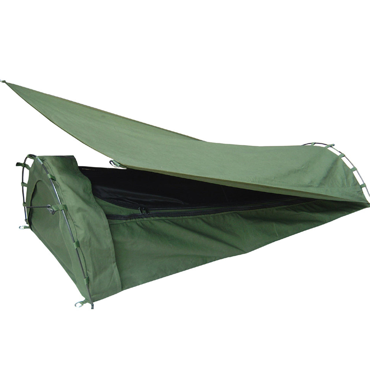 Enjoy a restful sleep, even with the insects buzzing nearby! This vertical end twin hoop Savannah Swag with 50mm mattress, crafted from 100% waterproof 12 oz cotton canvas, opens to 210 cm by 85 cm and features a zip open fly mesh cover to keep mozzies at bay. A second entrance is accessible from the zip open end. Comes with pegs and cords in a lively olive hue. www.moralepatches.com.au