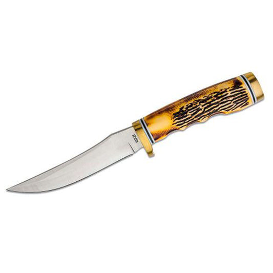 Uncle Henry’s Golden Spike Knife embodies the old traditions of the American west – durability, keen edge, and long lasting. It features a stainless steel clip point blade, Delrin stag handle and satin finish. The handle features polished nickle silver guard and pommel. The Golden Spike comes with leather sheath and sharpening stone. www.moralepatches.com.au
