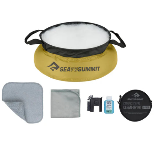 Take care of the after-dinner clean-up at camp with the Camp Kitchen Clean-Up Kit. Includes a palm-sized Pot Scrubber, 50ml Wilderness Wash, 10L Kitchen Sink, double-sided Washcloth and DryLite Dish Towel—all packed away in a convenient carry case. www.moralepatches.com.au