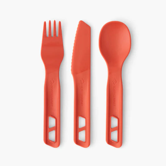 Light, strong and functional, the Passage Cutlery Set features an ergonomic Knife, Fork and Spoon. The handles can be snapped together for transport; or two handles can be connected in opposite directions to create a long spork or spoon. Built of EU food-grade fibreglass-reinforced polypropylene, Passage Cutlery is designed to fit into our Frontier cookware. www.moralepatches.com.au