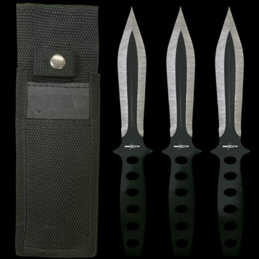Features 7 7/8″ overall, with 4″ edged blades. One piece black coated stainless construction with two toned black and silver blades. Slot cutout design handle. Black nylon belt sheath holds all knives. Triple Thrower Set. Includes three throwers. Made in China. www.moralepatches.com.au