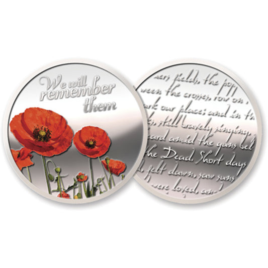 The beautiful Silver Plated Poppy Medallion In Gift Box from ##Tag3## is a lovely silver plated option featuring a stunning print of the iconic Flanders Poppies on the front and the poem In Flanders Fields on the reverse. www.moralepatches.com.au