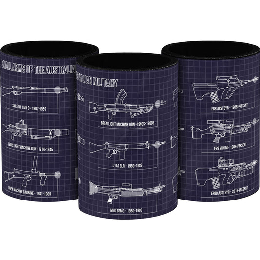 This drink cooler depicts schematics for nine iconic weapons that have seen service with the Australian military. It shows the SMLE No.1 Mk III, Bren Light Machine Gun, F88 Austeyr, Lewis Light Machine Gun, L1A1 Self Loading Rifle, F89 Minimi, Owen Machine Carbine, M60 GPMG and EF88 Austeyr. www.moralepatches.com.au