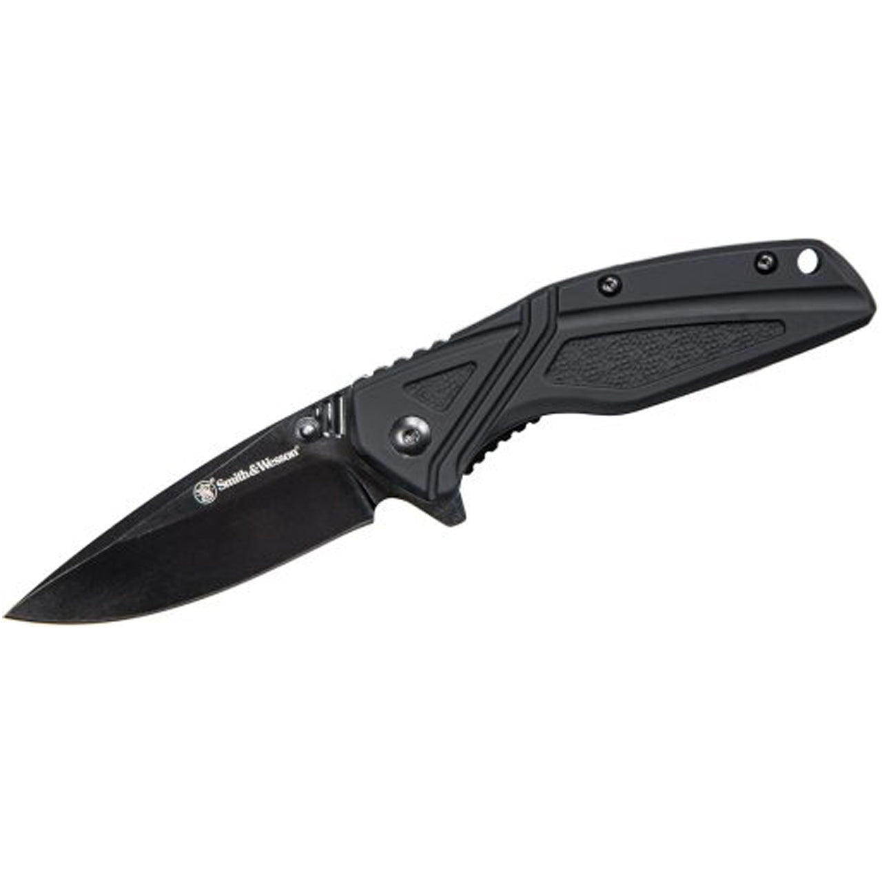 The Smith &amp; Wesson SW1101 folding knife features a 3″ 8Cr13MoV black oxide drop point blade that can be deployed via the flipper tab or dual thumb studs. 8Cr13MoV is a high-quality stainless steel similar in properties to AUS-8. www.moralepatches.com.au