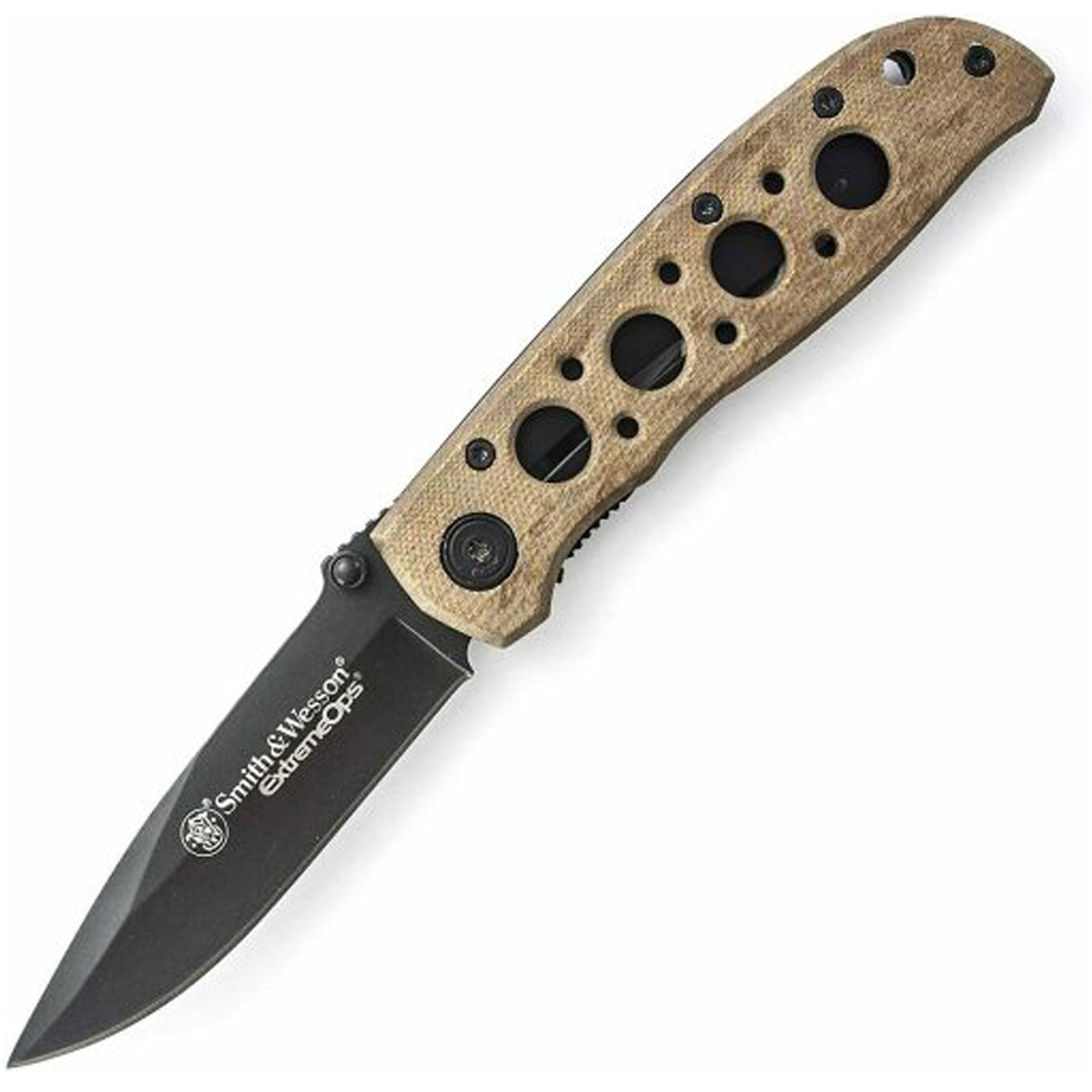 This Smith &amp; Wesson® Extreme Ops Liner Lock Folding Knife features multiple thumb knobs and index knobs along the stainless-steel blade and Desert Tan aluminum handle. It doesn’t matter if you’re left-handed or right-handed; this knife is perfect for you. Included with the knife are a lanyard hole and pocket clip. www.moralepatches.com.au