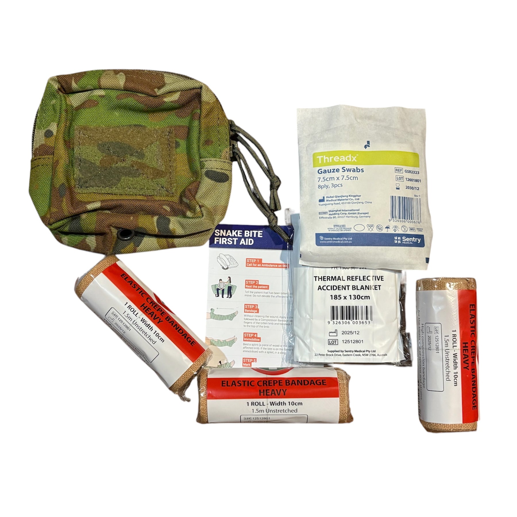 The Snake Bite&nbsp;Kit provides emergency treatment&nbsp;for one person in case of a snake or spider bite. It contains:
3 Heavy Standard Crepe Bandages.&nbsp;
Gauze Swab 7.5cm
Thermal Blanket,
Venomous Bite Guide.&nbsp;&nbsp;
AMCU Combat Pouch 12x11.5x6cm www.moralepatches.com.au