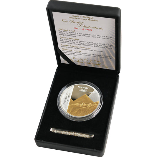 The Stunning Sands of Gallipoli 2005 release Training in Egypt Limited Edition Medallion is a must-have for military enthusiasts and collectors alike. This exquisite medallion pays homage to the Australian Imperial Force's training in Egypt before their journey to Gallipoli. www.moralepatches.com.au