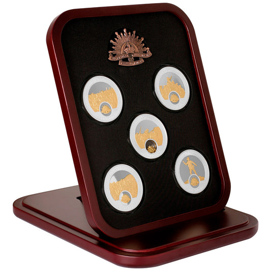 Colour: Gold, silver Material: Minted from brass alloy, finished in highly polished gold and silver plate Measurement: Medallions: 50mm x 4.5mm, Case: 195mm (W) x 245mm (H) x 30mm (D) Volume: Limited to 2,500 releases www.moralepatches.com.au