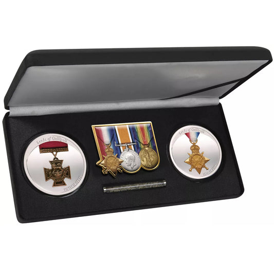 The medallions are beautifully presented in capsules and housed in a leatherette and steel box, featuring a metal centre plate adorned with the 1914-15 Star, British War Medal, and the Victory Meal. As an added touch, each set includes a vial of authentic sand collected from the historic beaches of Gallipoli. www.moralepatches.com.au