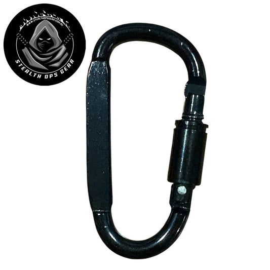 The Stealth Ops Gear 8x4cm Aluminium Carabiner is ideal for attaching backpacks, key chains, water bottles, and various camping gear. Built to support heavy loads up to 50kg, it provides dependable strength for your outdoor adventures, though it is not designed for climbing use. www.moralepatches.com.au