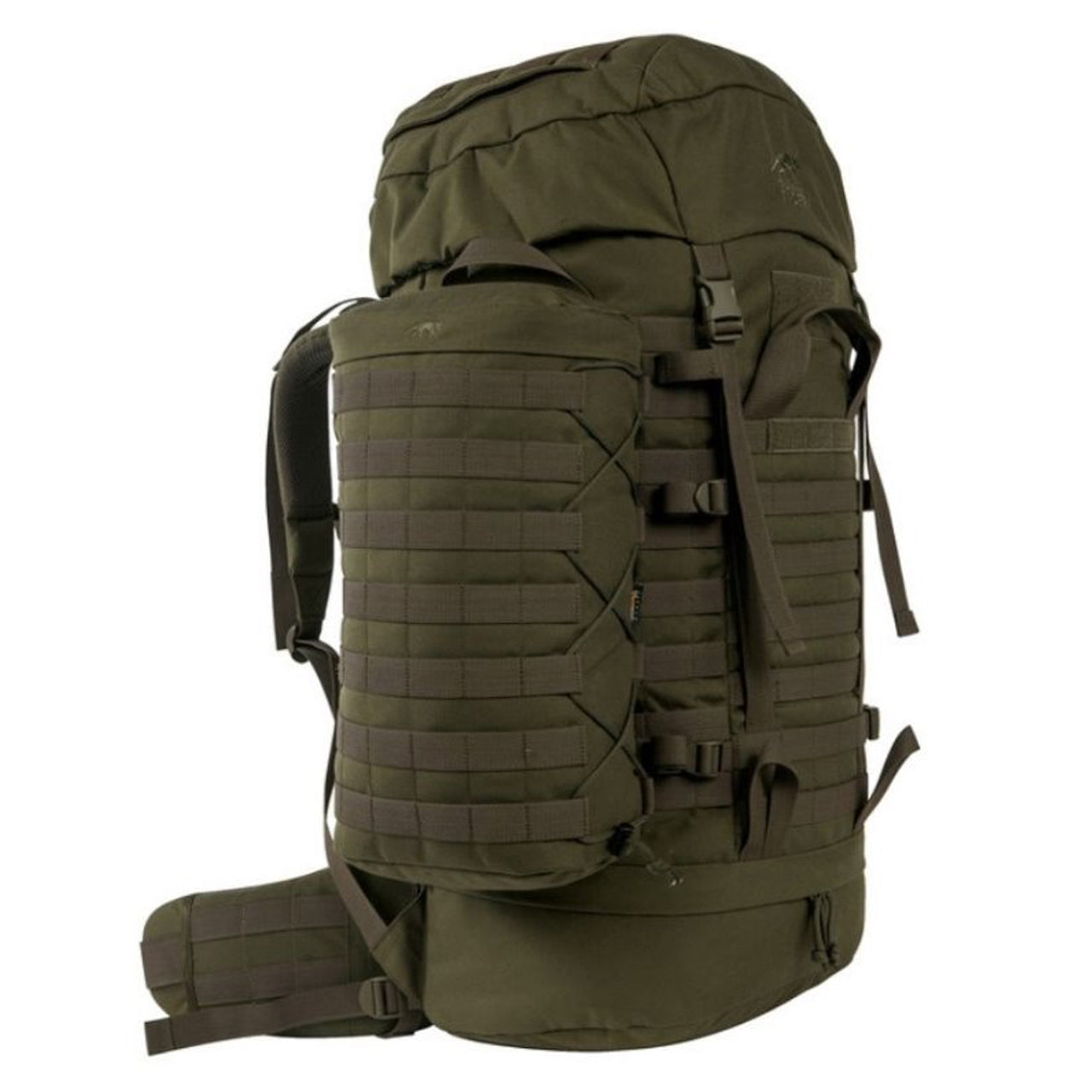 Load up extra gear with this spacious side pouch - designed to fit many popular backpacks! It's the perfect way to stay organized and make the most of your gear. Keep all the essentials within reach and on the go. www.moralepatches.com.au attached to olive back view
