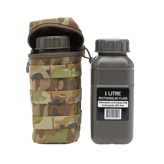 The Tactical 1 Litre Flask Pouch can accommodate the most 1 Litre flask or the Nalgene one litre wide mouth water bottle. The horizontal wrap around zip opening allows the user to easily access and stow their water bottle. www.moralepatches.com.au