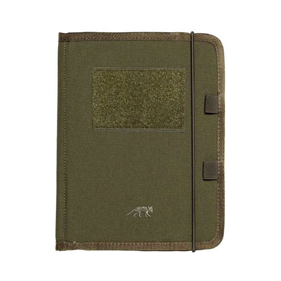 Features:  Suitable for A5 notebooks Hook-and-loop closure patch on the frontside (loop) Organizer Pen holder Closable by bungee cord www.moralepatches.com.au